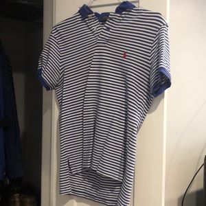 Blue and white striped polo with red horse